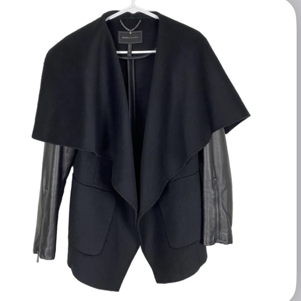 New BCBG Maxazria Ryder Drape Black wool leather jacket